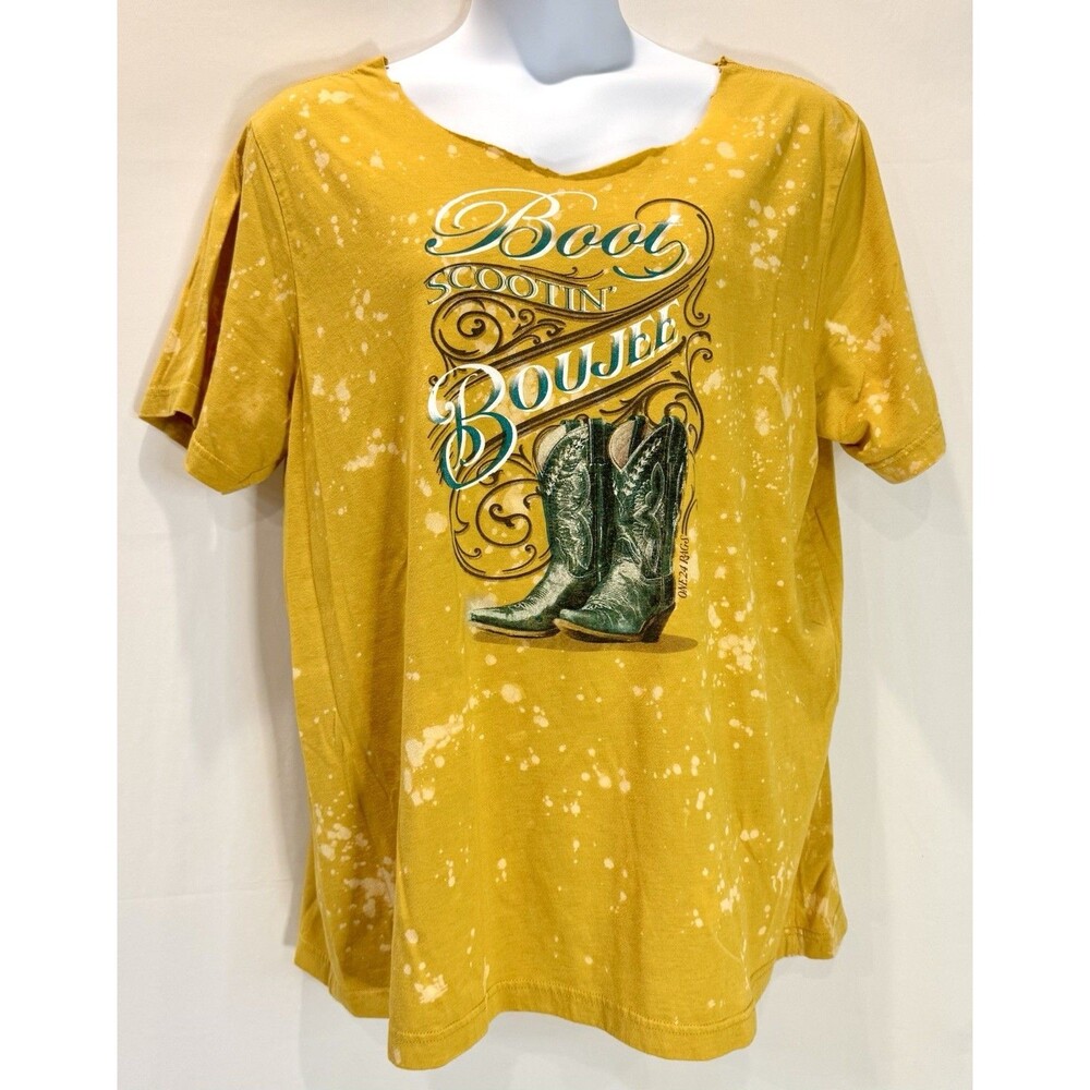 Women’s 2X “Boot Scootin' Boujee" T-Shirt Yellow Bleached Cowboy Graphic Tee
